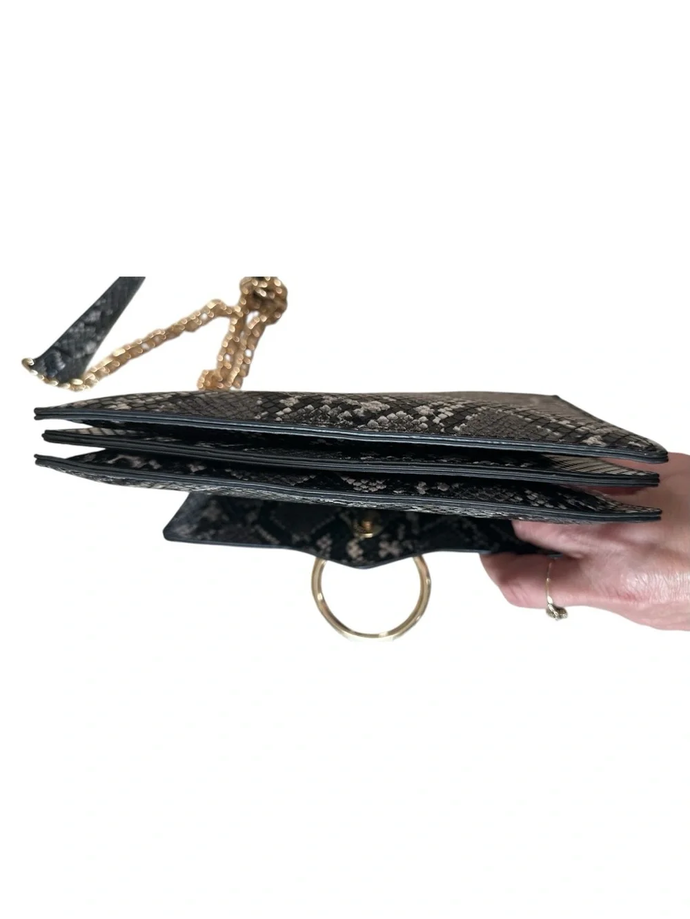 Urban Expessions Black Snake-Print Crossbody Bag with Gold Ring Accent